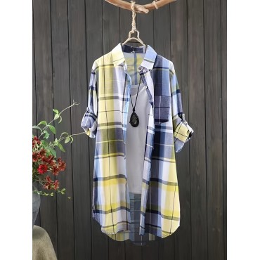 Plus Size Plaid Print Collared Button Shirt, Casual Long Sleeve Shirt For Spring & Fall, Women's Plus Size Clothing Plus Size Plaid Print Collared Button Shirt, Casual Long Sleeve Shirt For Spring & Fall, Women's Plus Size Clothing