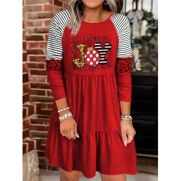 Women's Plus Size Christmas Print Long Sleeve Dress, Elegant Round Neck, Stretch Polyester, Regular Sleeve, A-Line, Tiered Cake Hem, Pullover, Knit Fabric Women's Plus Size Christmas Print Long Sleeve Dress, Elegant Round Neck, Stretch Polyester, Regular Sleeve, A-Line, Tiered Cake Hem, Pullover, Knit Fabric