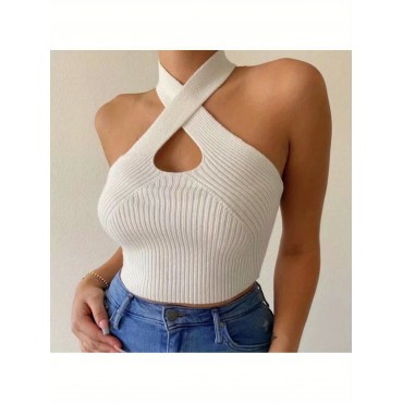 Women Plus Size Close-fitting Simple Style Vest, Solid Color Halter Neck Sleeveless Crop Tops Women Plus Size Close-fitting Simple Style Vest, Solid Color Halter Neck Sleeveless Crop Tops