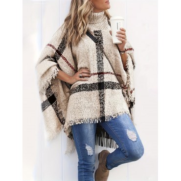 Plus Size Plaid Pattern Knit Sweater, Casual Turtleneck Cape Sleeve Sweater For Fall & Winter, Women's Plus Size Clothing Plus Size Plaid Pattern Knit Sweater, Casual Turtleneck Cape Sleeve Sweater For Fall & Winter, Women's Plus Size Clothing