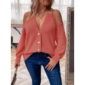 Plus Size Button Front Cold Shoulder Knit Sweater, Casual V Neck Long Sleeve Sweater For Fall & Winter, Women's Plus Size Clothing