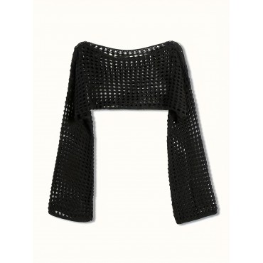 Plus Size Crochet Cover Up Knitted Crop Top, Sexy Hollow Out Beach Wear Long Sleeve Sweater, Women's Plus Size Clothing Plus Size Crochet Cover Up Knitted Crop Top, Sexy Hollow Out Beach Wear Long Sleeve Sweater, Women's Plus Size Clothing