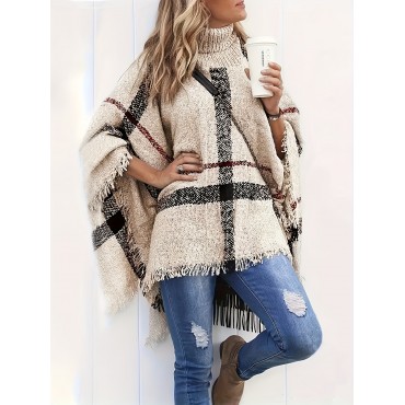 Plus Size Plaid Knit Turtleneck Sweater - Soft, Warm, And Stylish Cape Sleeve Design For Fall And Winter - Women's Casual Plus Size Clothing For Everyday Wear Plus Size Plaid Knit Turtleneck Sweater - Soft, Warm, And Stylish Cape Sleeve Design For Fall And Winter - Women's Casual Plus Size Clothing For Everyday Wear