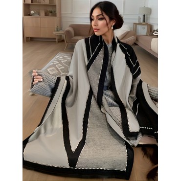 Plus Size Geometric Pattern Large Scarf, Elegant And Cozy Colorblock Shawl Coat For Fall & Winter, Women's Plus Size Clothing Plus Size Geometric Pattern Large Scarf, Elegant And Cozy Colorblock Shawl Coat For Fall & Winter, Women's Plus Size Clothing